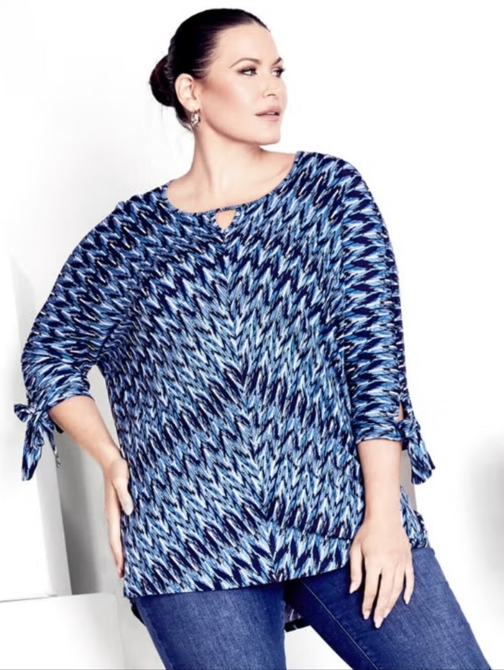 AVENUE " Analise" Chevron Tie-Sleeve Tunic Top-Blue
